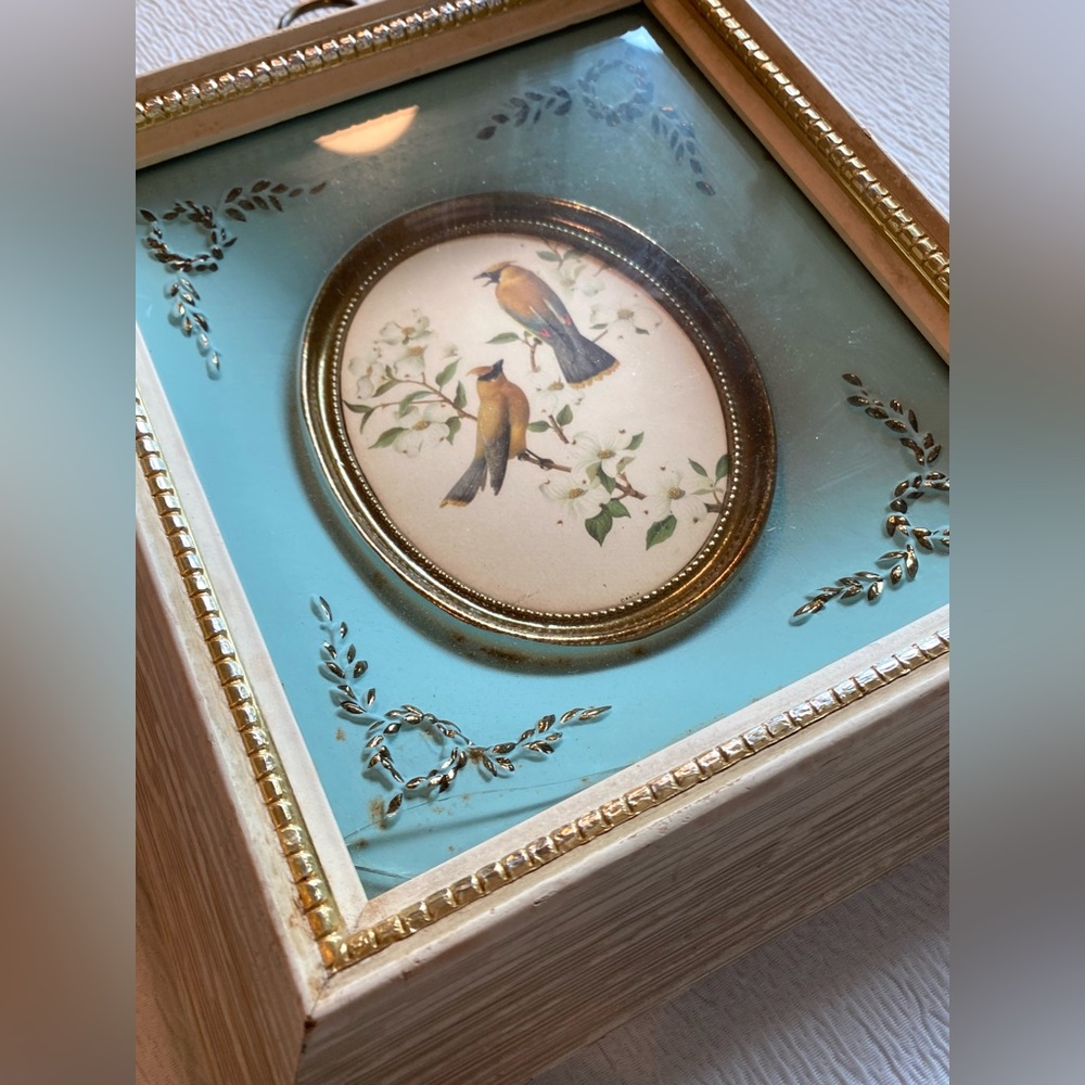 Vintage Deep Wood Framed Cedar Waxwings Birds on Spring Dogwood, R.Freund - Picture 7 of 11